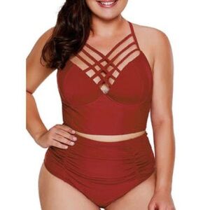 NWOT High-Waist Two-Piece Bikini Strappy Ruched Red Sz Women’s Large Zara Beez